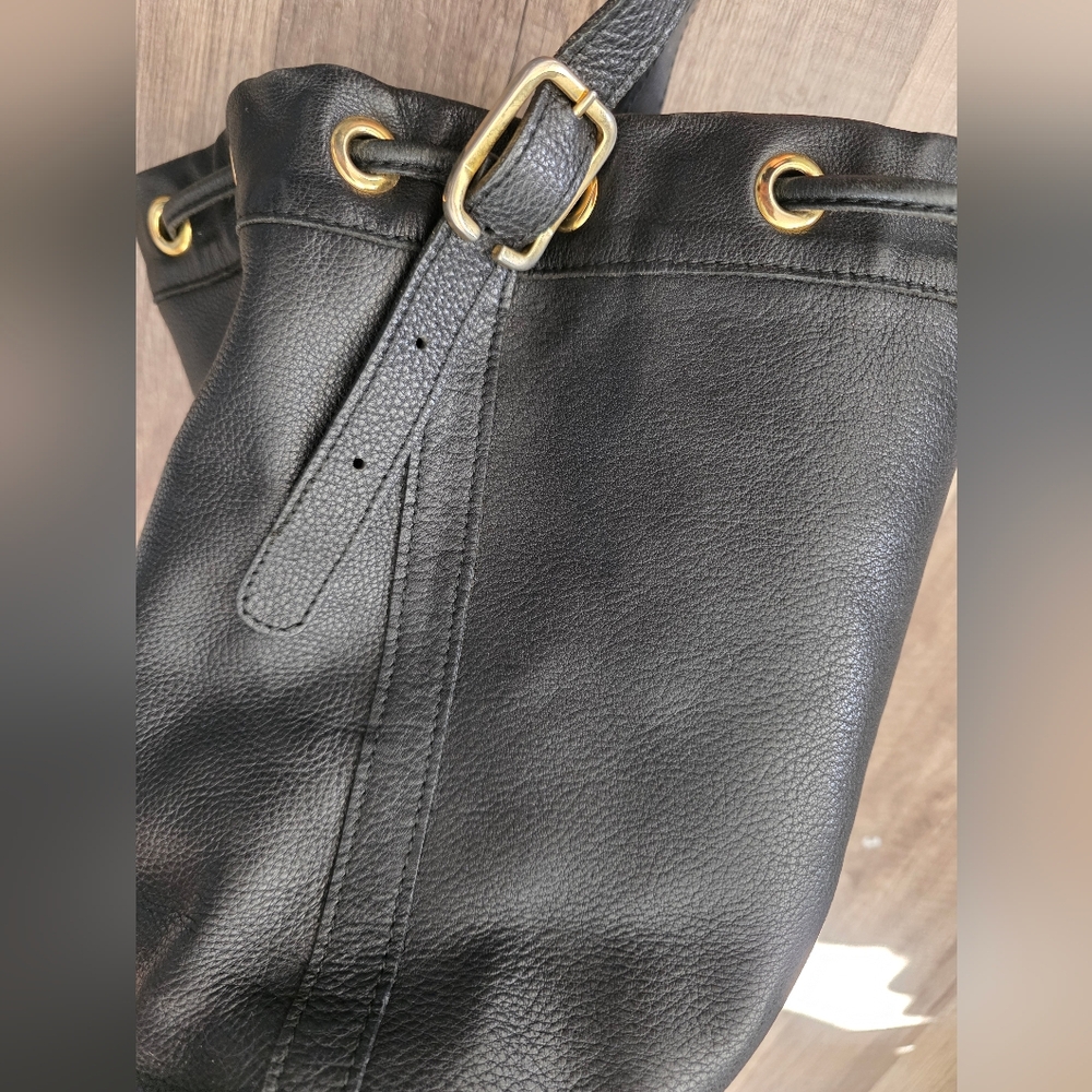 LONGCHAMP BUCKET BAG Black Leather Drawstring 2000s Vintage Designer Y2K - Picture 2 of 15